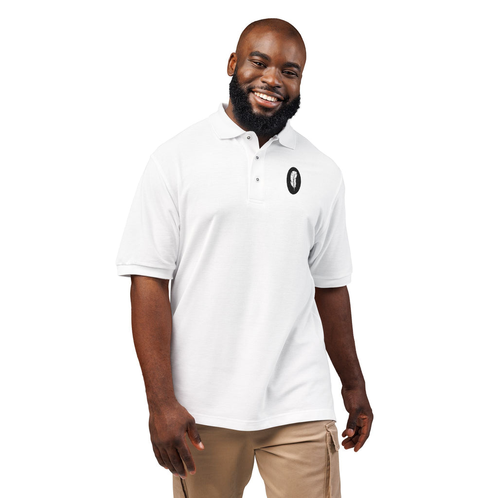 The Plume | White Embroidered Polo Shirt — Feather Crest