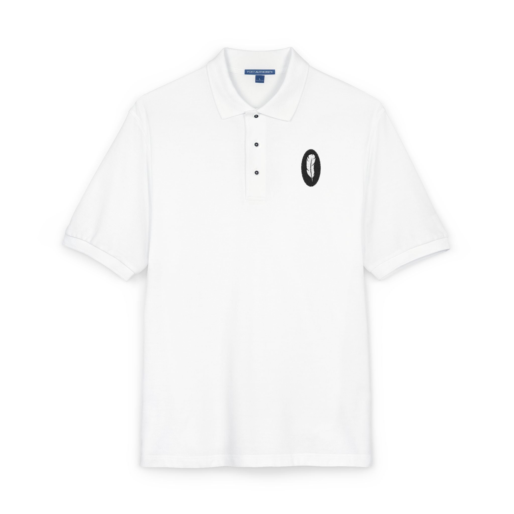 The Plume | White Embroidered Polo Shirt — Feather Crest