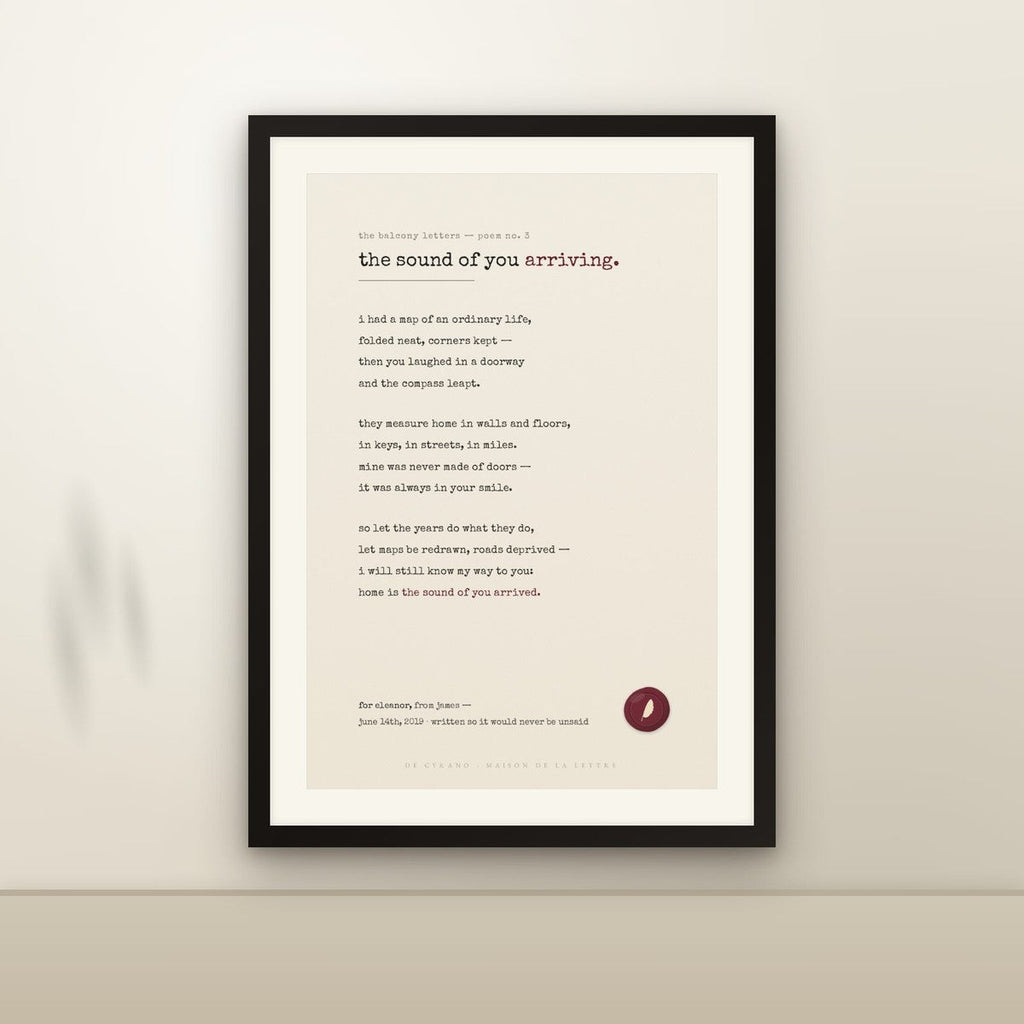 Le Poème Typewriter edition framed on a wall