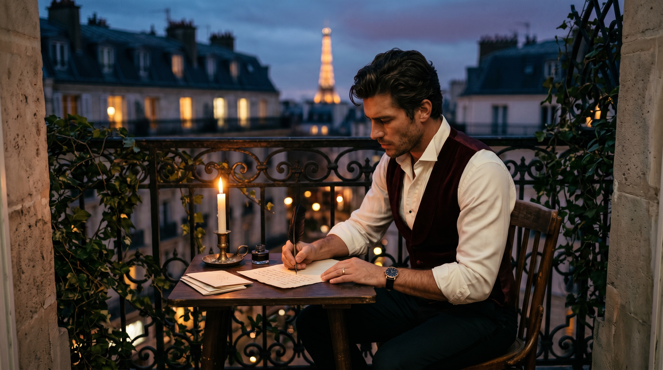 Man in ivory formal shirt writing a letter on a Parisian balcony at dusk