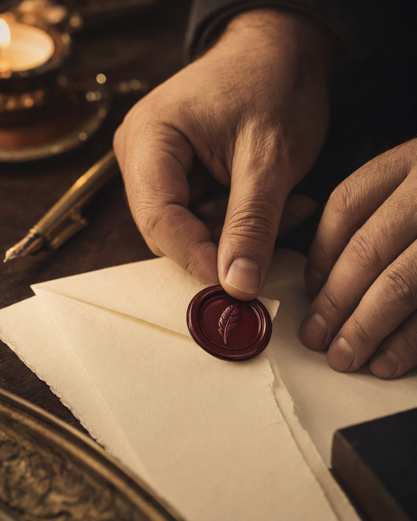 Sealing the letter with the burgundy plume wax seal