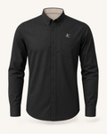 The Playwright — black embroidered long sleeve shirt with dC monogram, de Cyrano