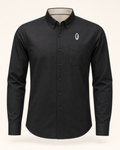 The Soliloquy — black embroidered long sleeve shirt with feather crest, de Cyrano