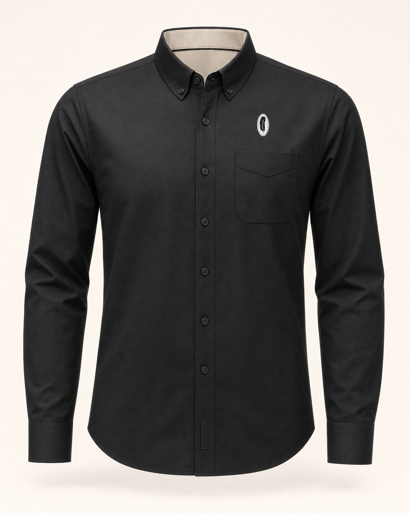 The Soliloquy — black embroidered long sleeve shirt with feather crest, de Cyrano