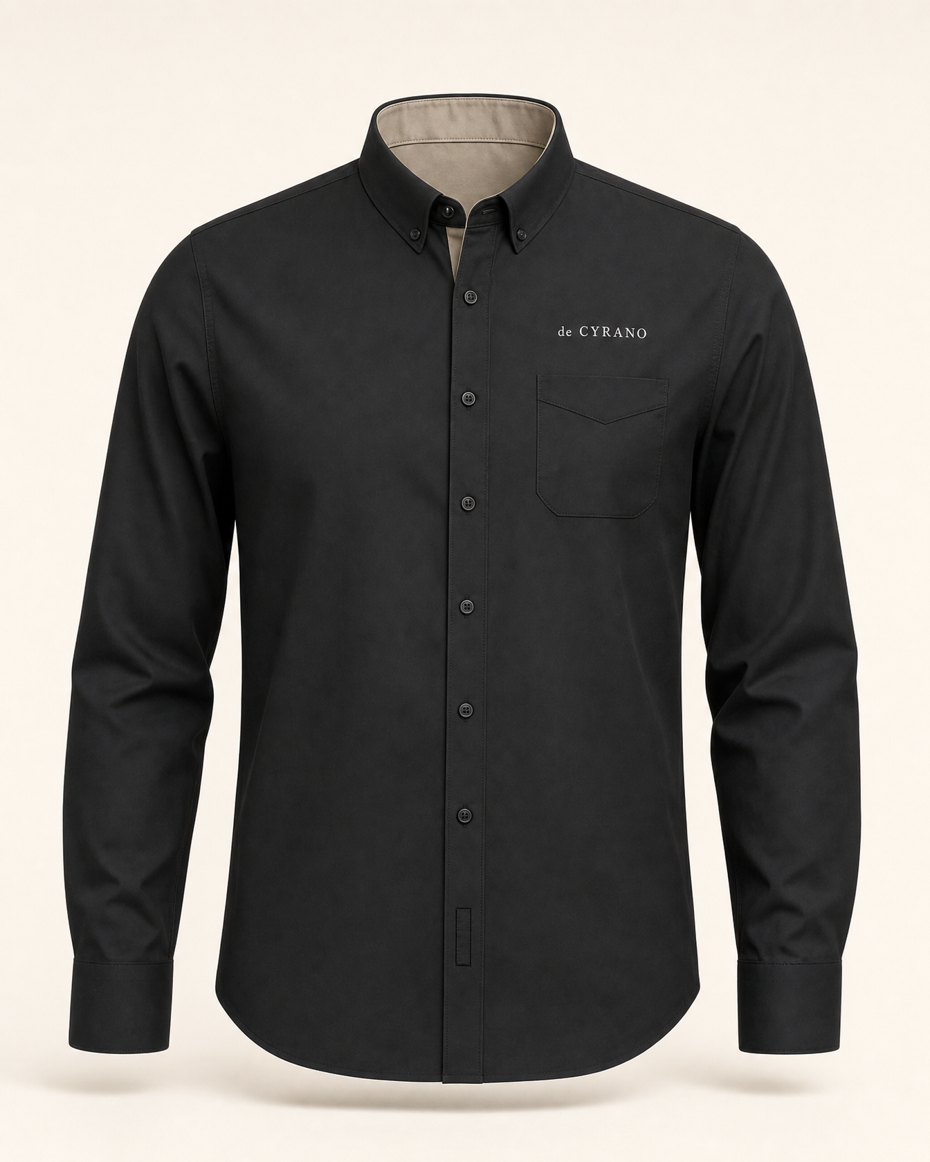 The Curtain — black embroidered long sleeve shirt with de CYRANO wordmark
