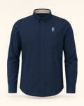 The Nightingale — navy embroidered long sleeve shirt with feather crest, de Cyrano