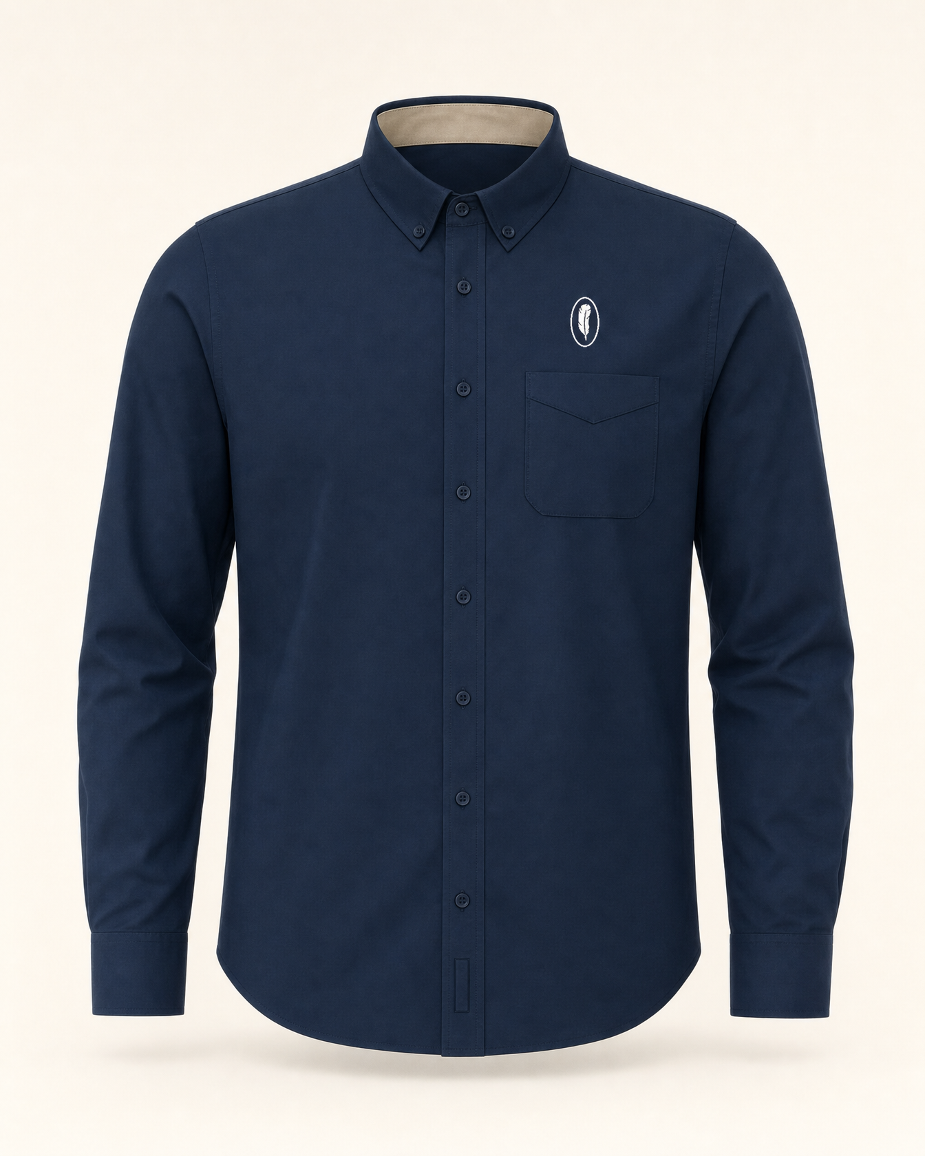 The Nightingale — navy embroidered long sleeve shirt with feather crest, de Cyrano