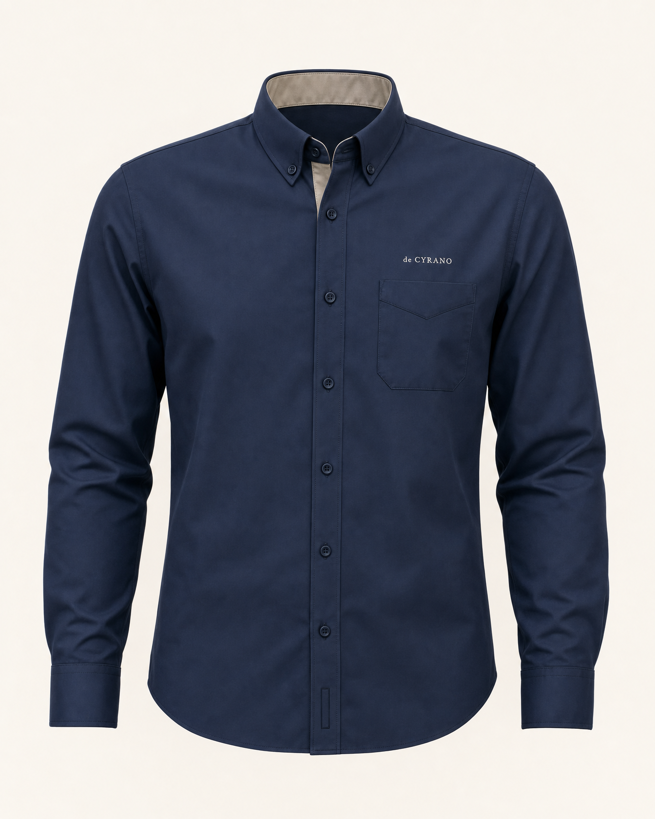 The Harbor — navy embroidered long sleeve shirt with de CYRANO wordmark