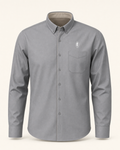 The Riposte — steel grey embroidered long sleeve shirt with feather crest, de Cyrano