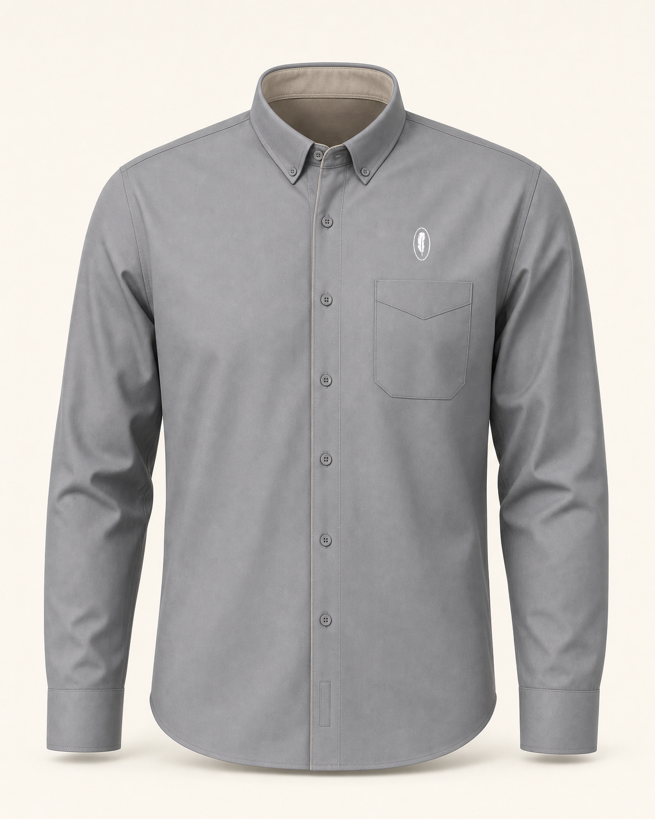 The Riposte — steel grey embroidered long sleeve shirt with feather crest, de Cyrano