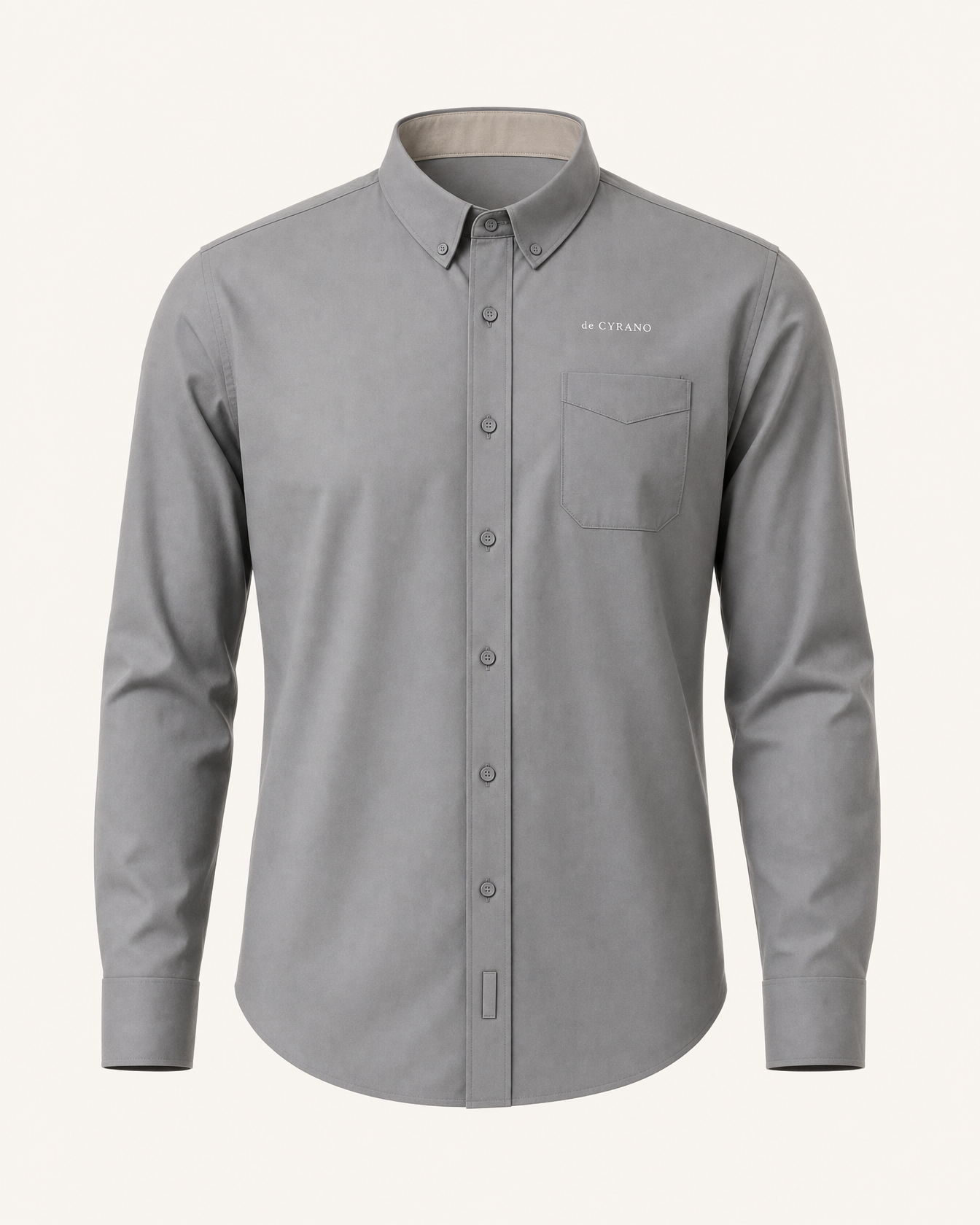The Almanac — steel grey embroidered long sleeve shirt with de CYRANO wordmark