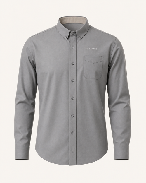 The Almanac — steel grey embroidered long sleeve shirt with de CYRANO wordmark