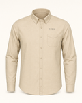The Postscript — stone embroidered long sleeve shirt with de CYRANO wordmark