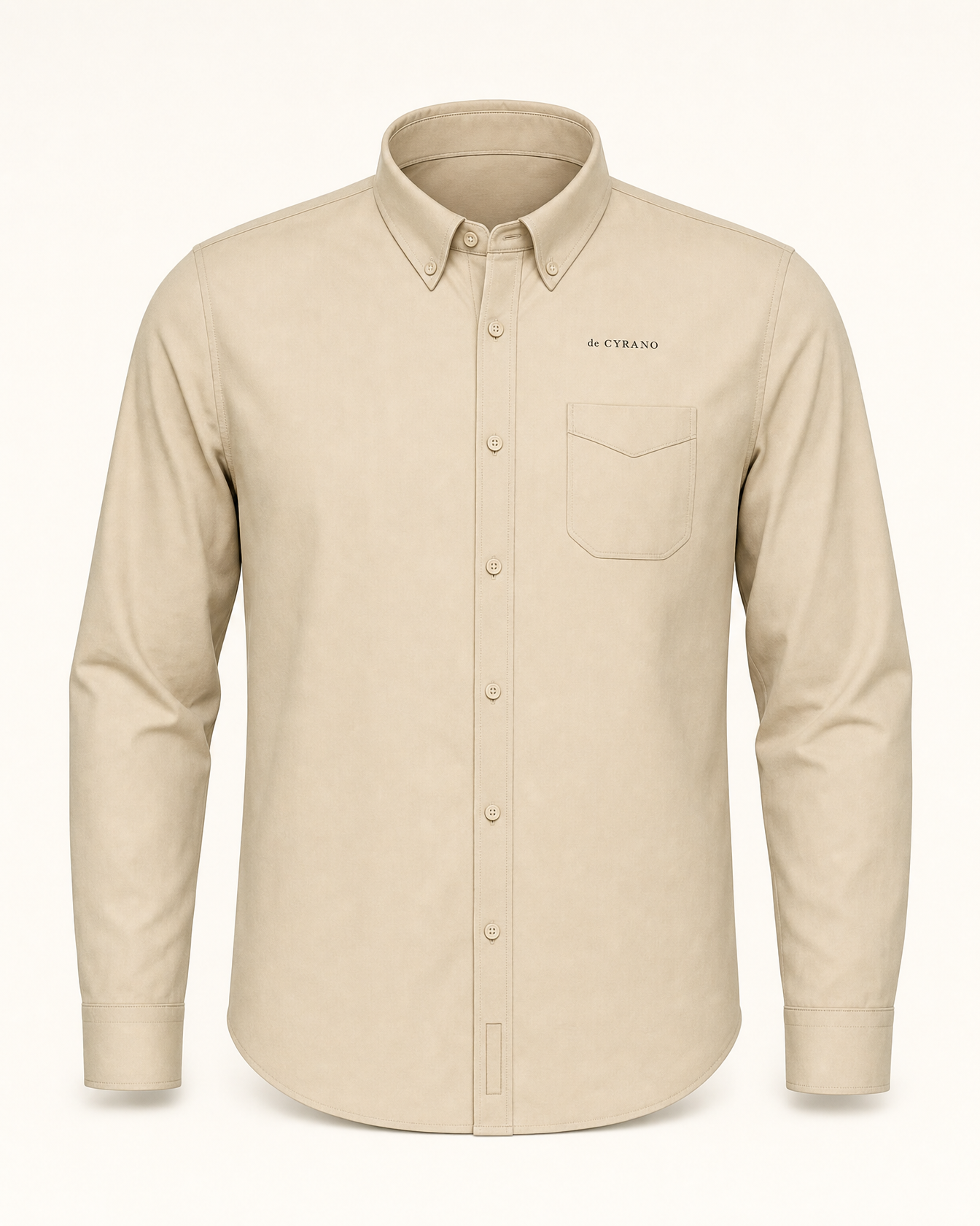 The Postscript — stone embroidered long sleeve shirt with de CYRANO wordmark