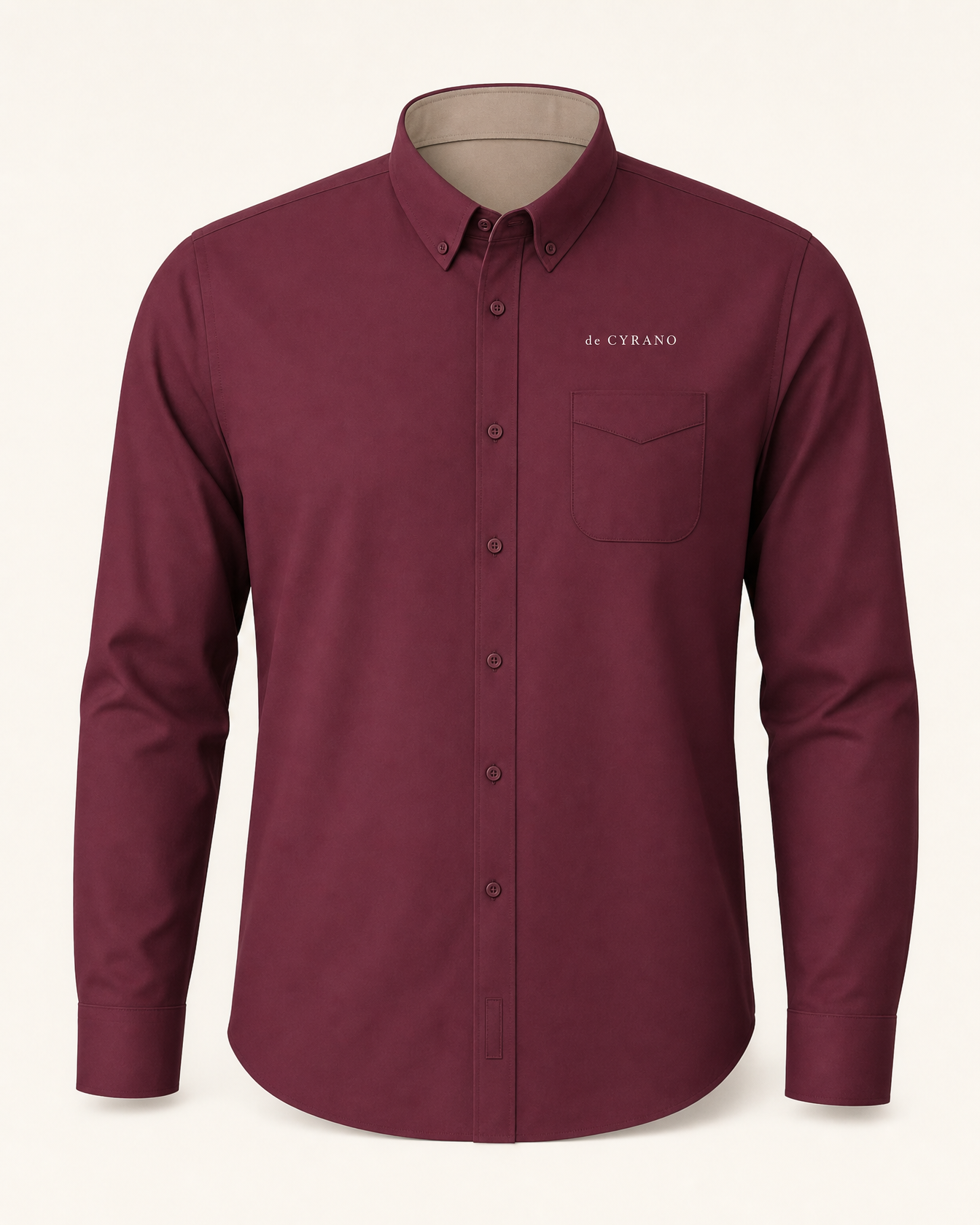 The Cellar — burgundy embroidered long sleeve shirt with de CYRANO wordmark