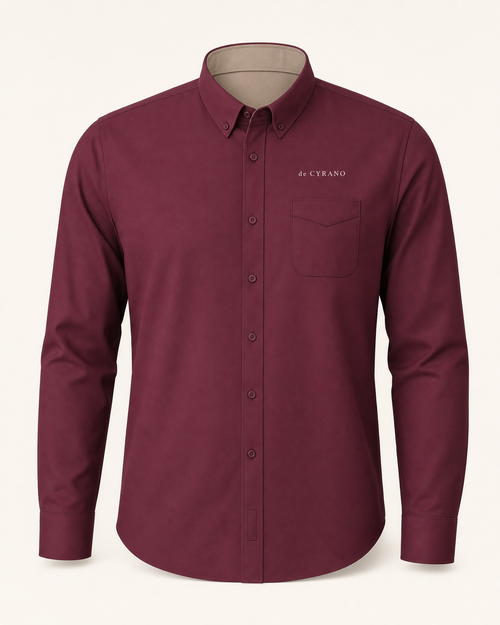 The Cellar — burgundy embroidered long sleeve shirt with de CYRANO wordmark