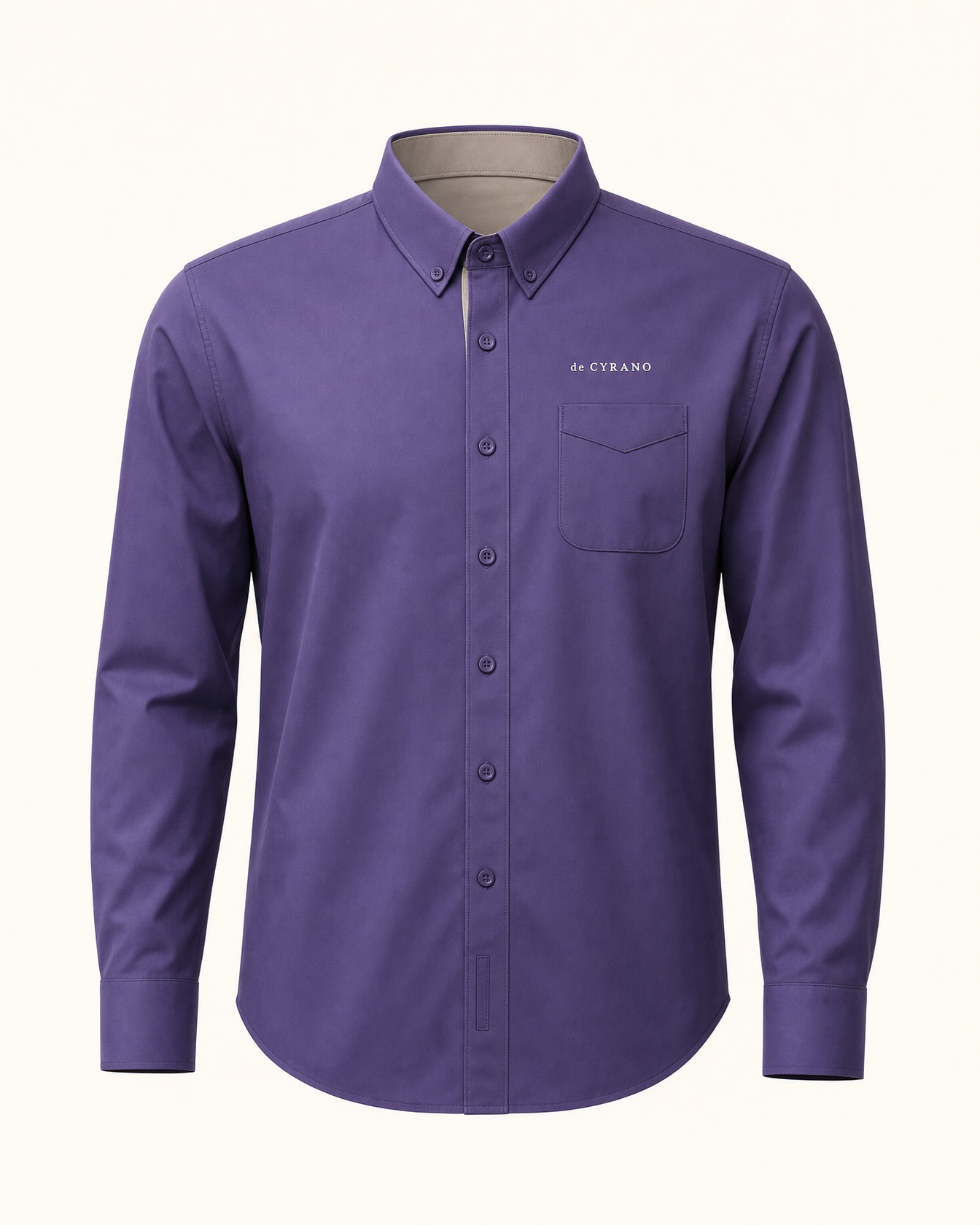 The Regent — purple embroidered long sleeve shirt with de CYRANO wordmark