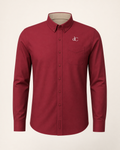 The Cardinal — deep red embroidered long sleeve shirt with dC monogram