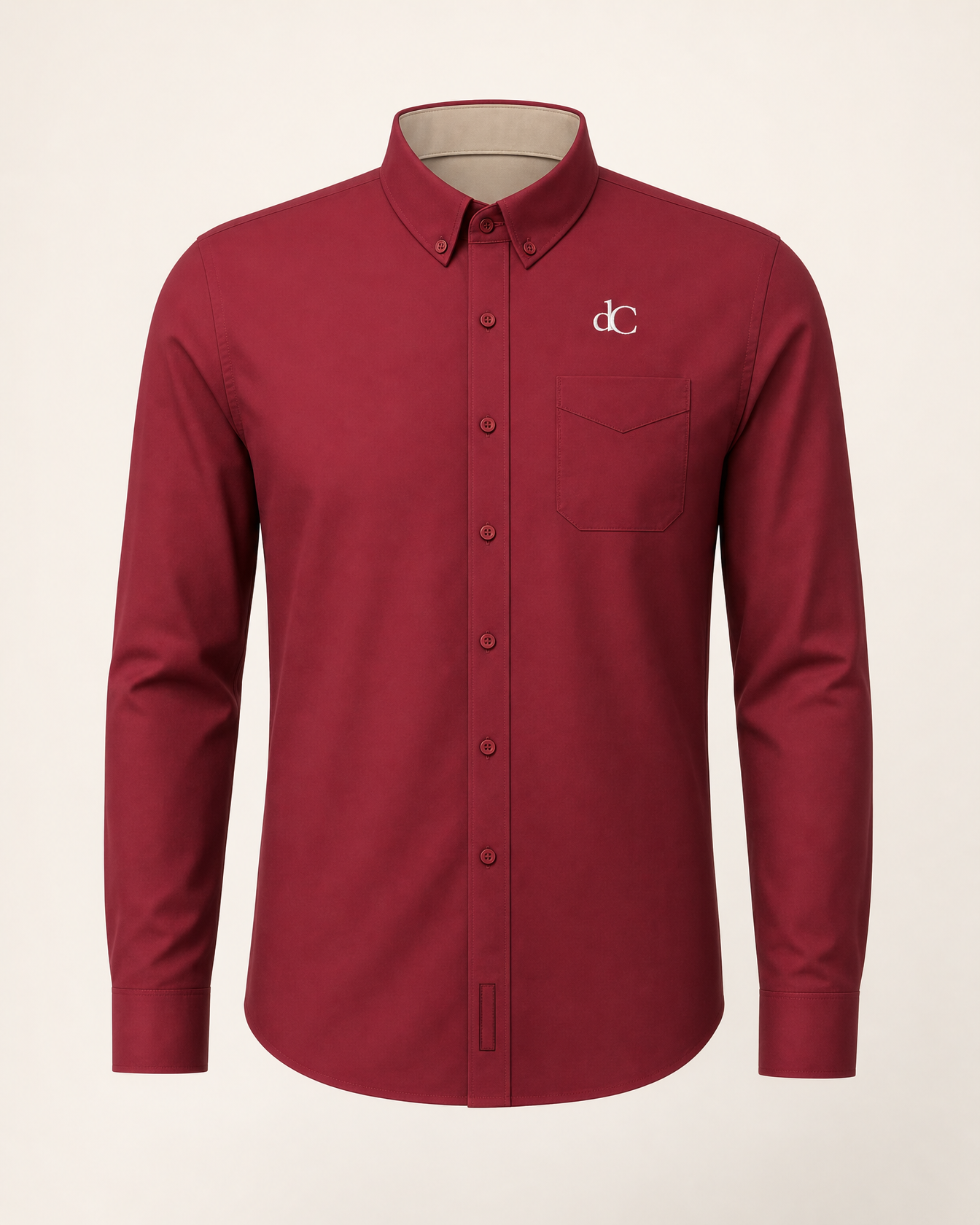 The Cardinal — deep red embroidered long sleeve shirt with dC monogram