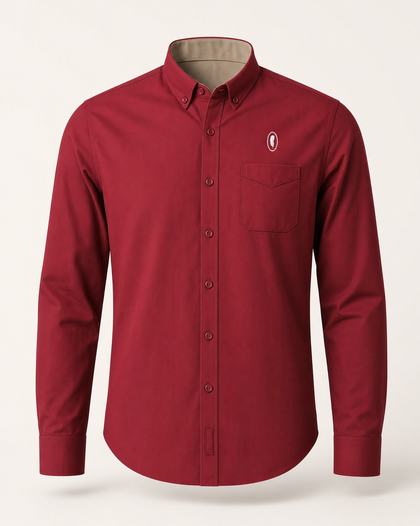 The Ember — deep red embroidered long sleeve shirt with feather crest