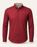 The Scarlet — deep red embroidered long sleeve shirt with de CYRANO wordmark