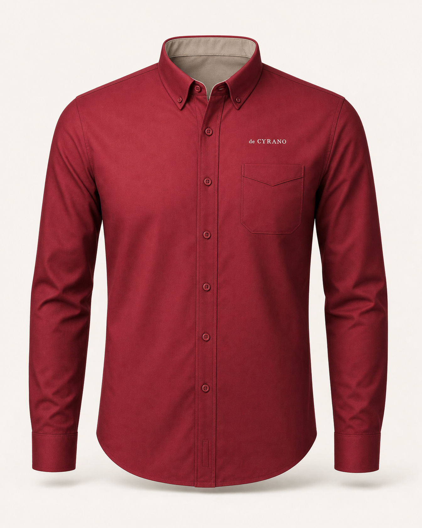 The Scarlet — deep red embroidered long sleeve shirt with de CYRANO wordmark