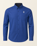 The Sapphire — royal blue embroidered long-sleeve shirt with feather crest