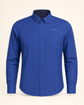 The Zenith — royal blue embroidered long-sleeve shirt with de Cyrano wordmark