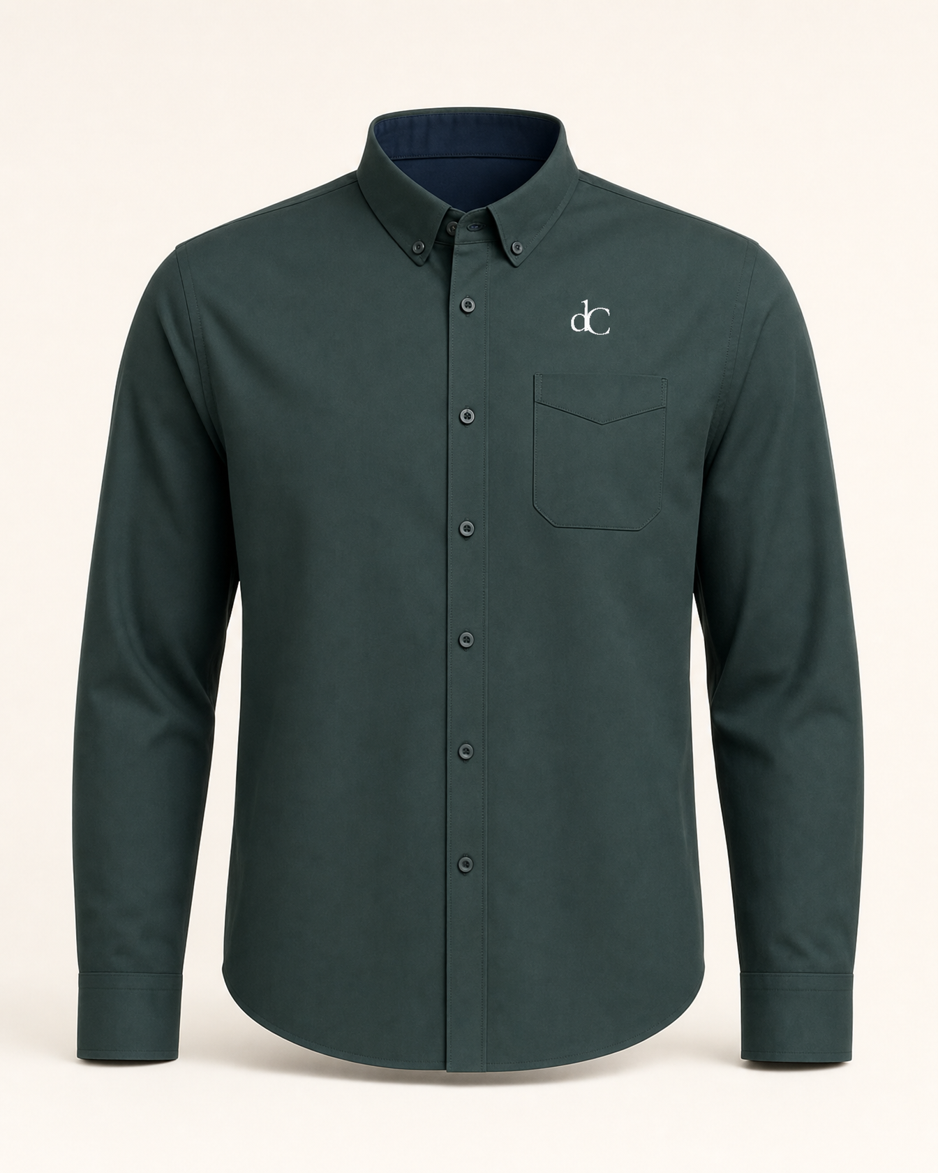 The Cypress — dark green embroidered long-sleeve shirt with dC monogram