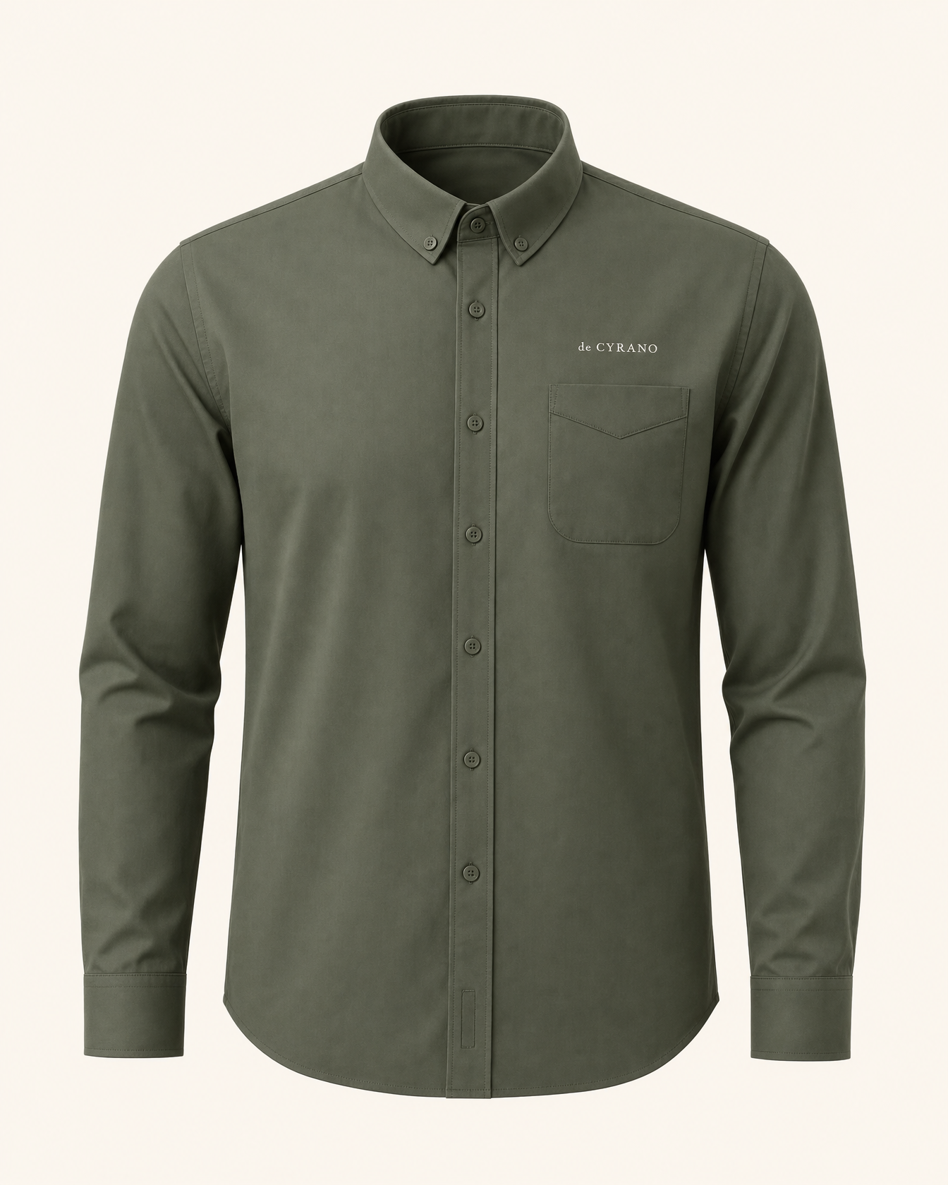 The Meadow — clover green embroidered long-sleeve shirt with de Cyrano wordmark