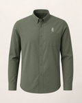 The Shamrock — clover green embroidered long-sleeve shirt with feather crest