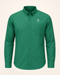 The Myrtle — court green embroidered long-sleeve shirt with feather crest