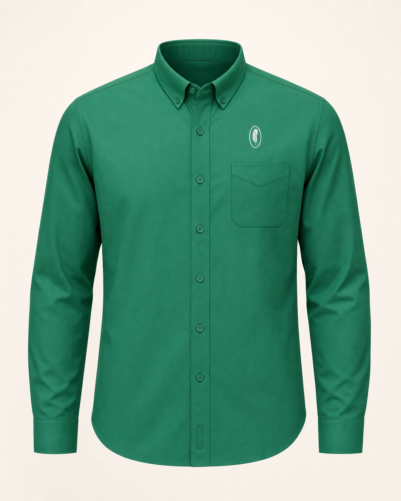 The Myrtle — court green embroidered long-sleeve shirt with feather crest