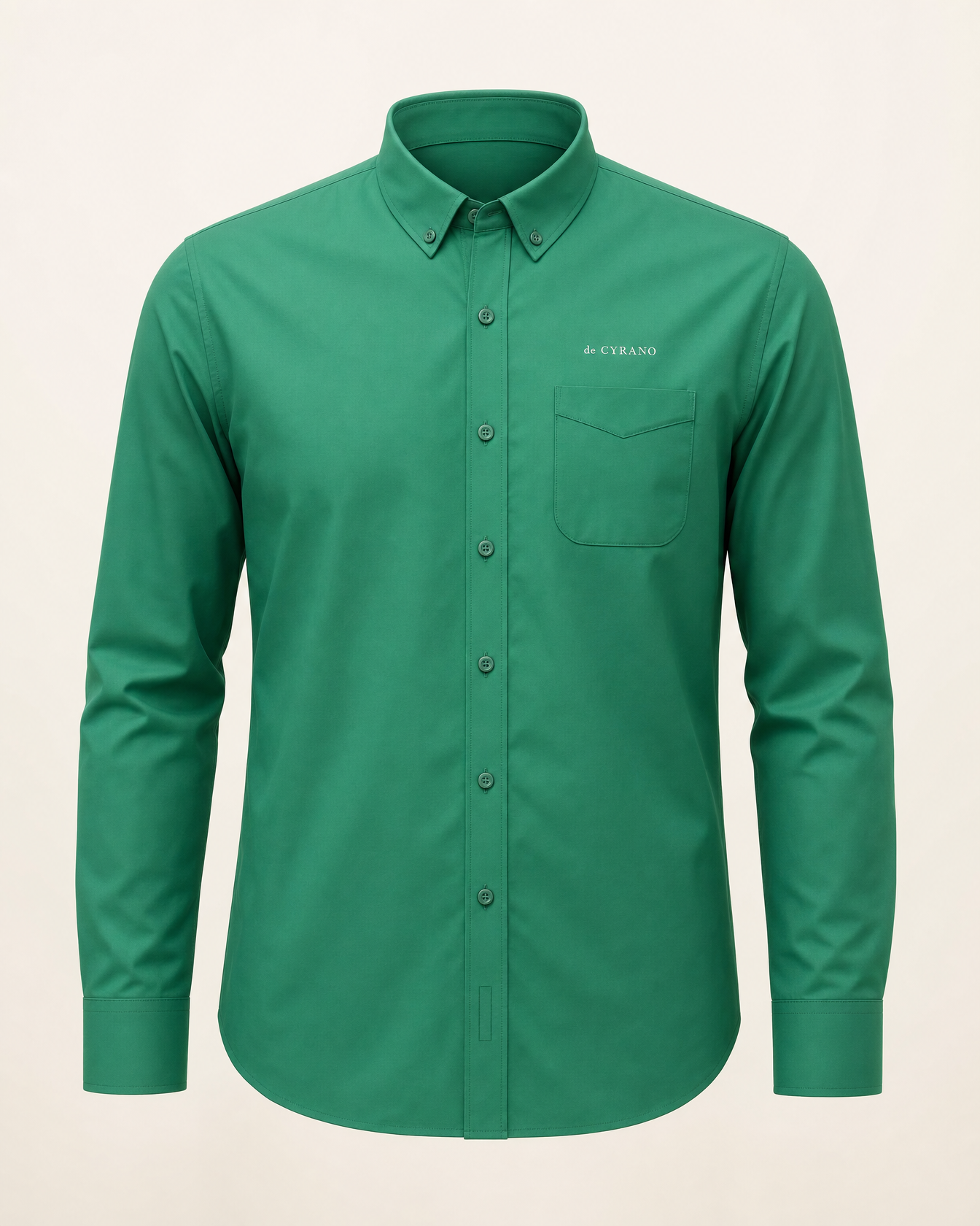 The Grove — court green embroidered long-sleeve shirt with de Cyrano wordmark