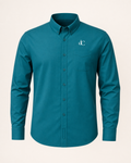 The Peacock — teal green embroidered long-sleeve shirt with dC monogram