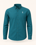 The Lagoon — teal green embroidered long-sleeve shirt with feather crest