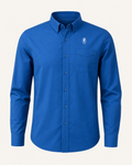 The Cerulean — strong blue embroidered long-sleeve shirt with feather crest