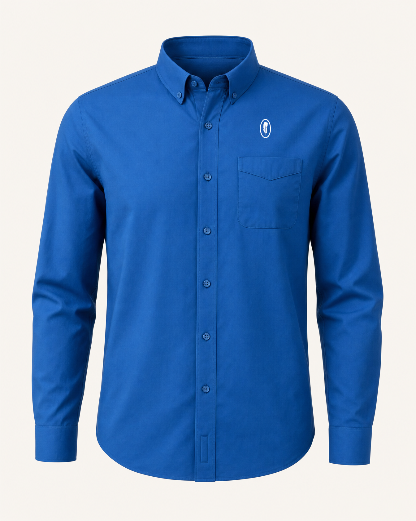 The Cerulean — strong blue embroidered long-sleeve shirt with feather crest