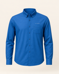 The Tide — strong blue embroidered long-sleeve shirt with de Cyrano wordmark