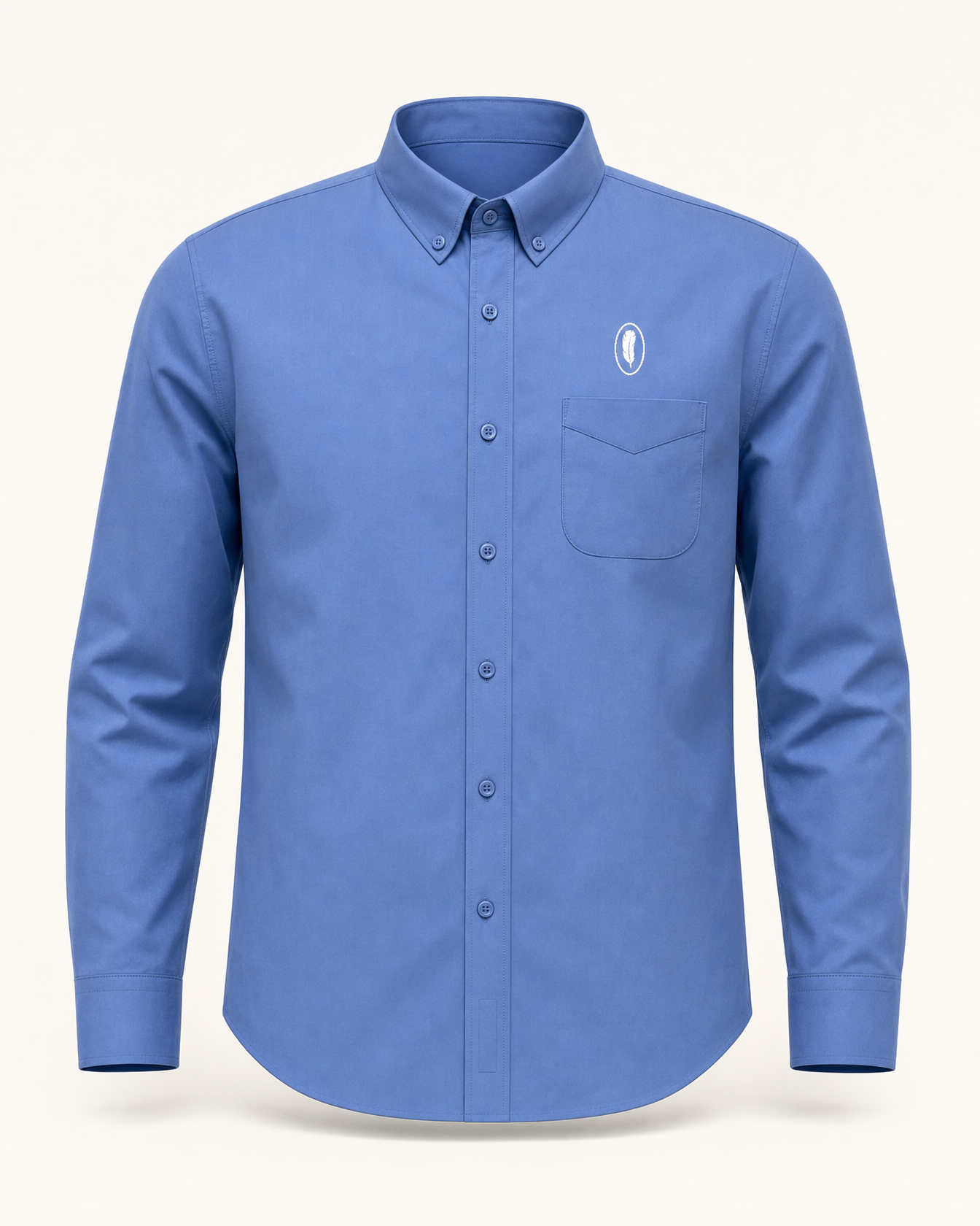 The Aurora — ultramarine blue embroidered long-sleeve shirt with feather crest