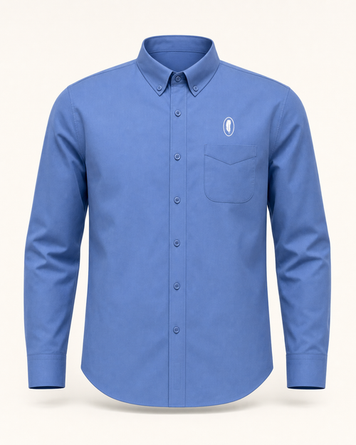 The Aurora — ultramarine blue embroidered long-sleeve shirt with feather crest