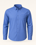 The Firmament — ultramarine blue embroidered long-sleeve shirt with de Cyrano wordmark