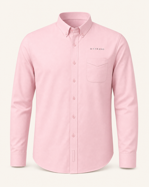 The Aubade — light pink embroidered long-sleeve shirt with de Cyrano wordmark